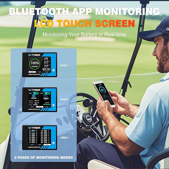 48V 105Ah Self-Heating Lithium Golf Cart Battery, Built-in Smart 200A BMS, with Touch Monitor & Mobile APP, 4000+ Cycles LiFePO4 Battery, Max 10.24kW Power Output, Perfect for Golf Carts