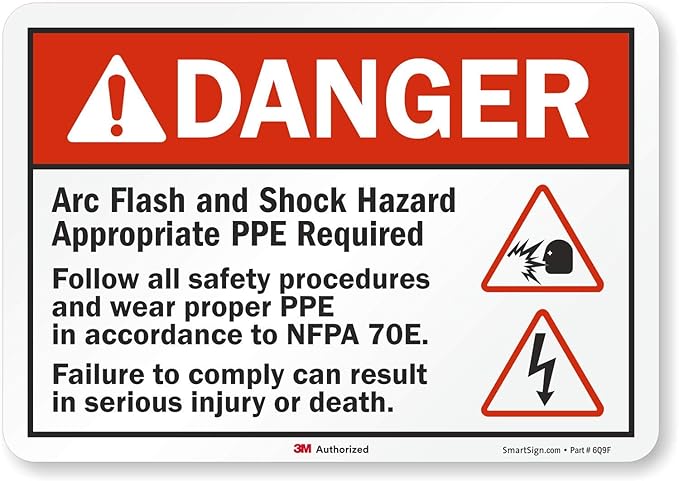 SmartSign 3M Engineer Grade Reflective Label, Legend "Danger: Arc Flash and Shock Hazard PPE Required" with Graphic, 7" high x 10" wide, Black/Red on White