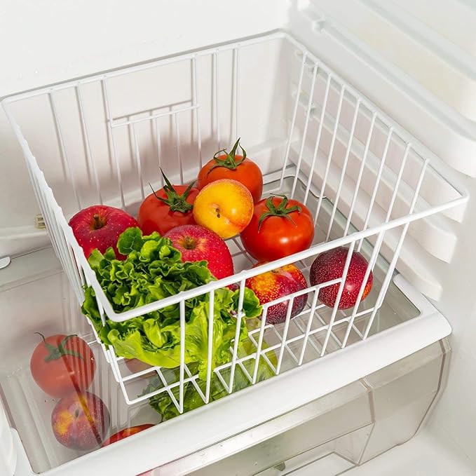 Upright Freezer Organizer Bins， Freezer Baskets for 14, 15 cu.ft Standup Freezer, Wire Storage Baskets with Built-in Handles for Frozen Foods, Snacks, Vegetables, Fruits and More, 4Pcs , White