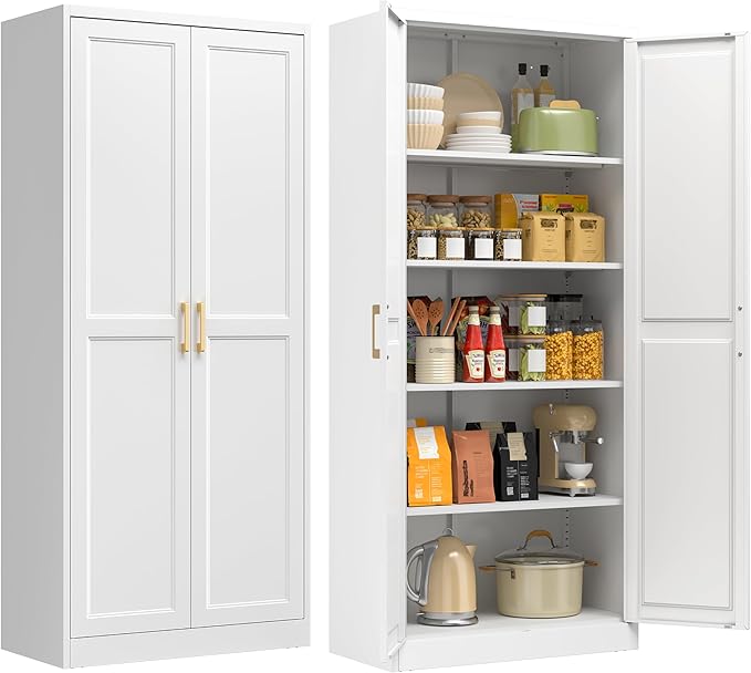71" Kitchen Pantry Storage Cabinet,White Tall Storage Cabinet With Doors and 4 Shelves,Metal Food Pantry Cabinets for Kitchen Storage,Freestanding Cupboard for Dining Living Room,Assemble Required