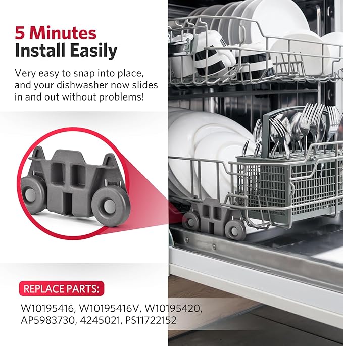 W10195416 Dishwasher Wheels Lower Rack Compatible with Kitchenaid Whirlpool Maytag Kenmore Dishwasher Replacement Parts W10195420 AP5983730 PS11722152 Upgraded Lavavajillas Rack Lower Wheels 4 Pack