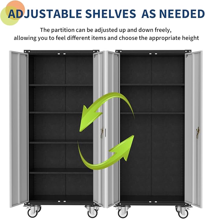 GarveeHome Metal Storage Cabinet on Wheels 72 in – Lockable Rolling Storage with 4 Adjustable Shelves | Heavy-Duty Metal Organizer for Garage, Home & Office