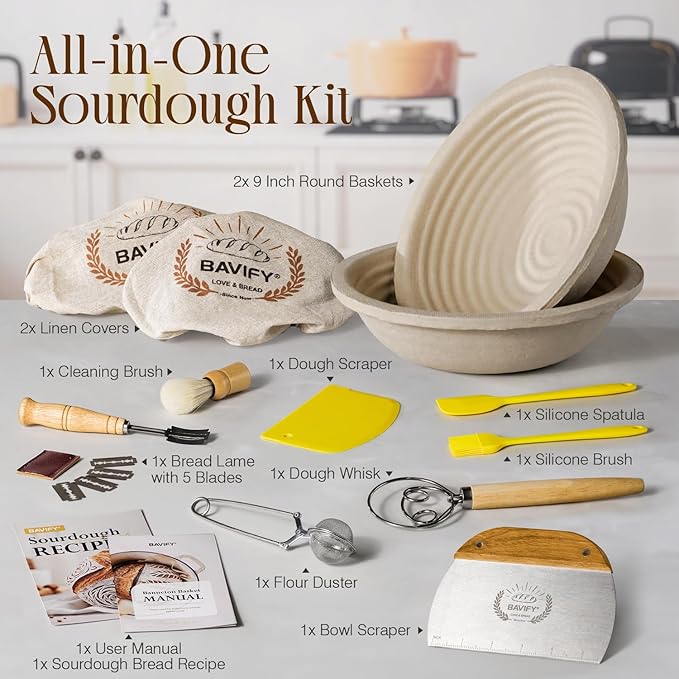 Wood Pulp Banneton Bread Proofing Basket Set, Banneton Basket Kit, Sourdough Bread Baking Supplies Making Tool (Round Banneton Basket Set)