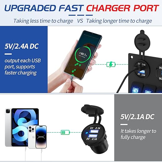 Waterproof Marine Switch Panel, 5 Gang Rocker Switch Panel 12V/24V Aluminum for Boat, 4.8A Dual USB Port, Cigarette Lighter Socket, LED Voltmeter, Pre-Wired 12 Volt Switch Panel for RV, Truck, Yacht
