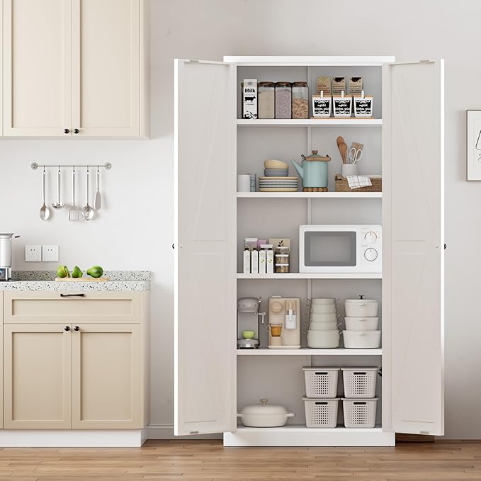 Greenvelly Metal Cabinet, 63" H White Metal Storage Cabinet with Doors and 4 Shelves, Pantry Storage Cabinet for Kitchen, Bedroom, Living Room, Office (Farmhouse)