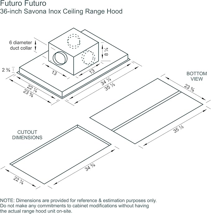 Futuro Futuro IS36SAVONA-INOX Ceiling Mount Range Hood, Stainless Steel, 36x23-5/8x11 inch, LED Light Strip, 940 CFM, 0.5-3.2 Sones, Remote Control Included