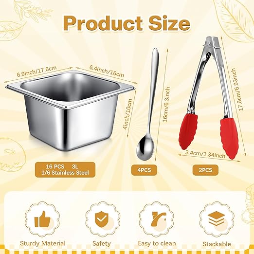 Rtteri 22 Pcs 1/6 Size 4 Inch Deep Stainless Steel Hotel Pans Set: 16 Metal Buffet Steam Table Pans with 2 Tongs & 4 Spoons – Stackable & Anti Jam, Commercial Restaurant Catering Kitchen Food Prep