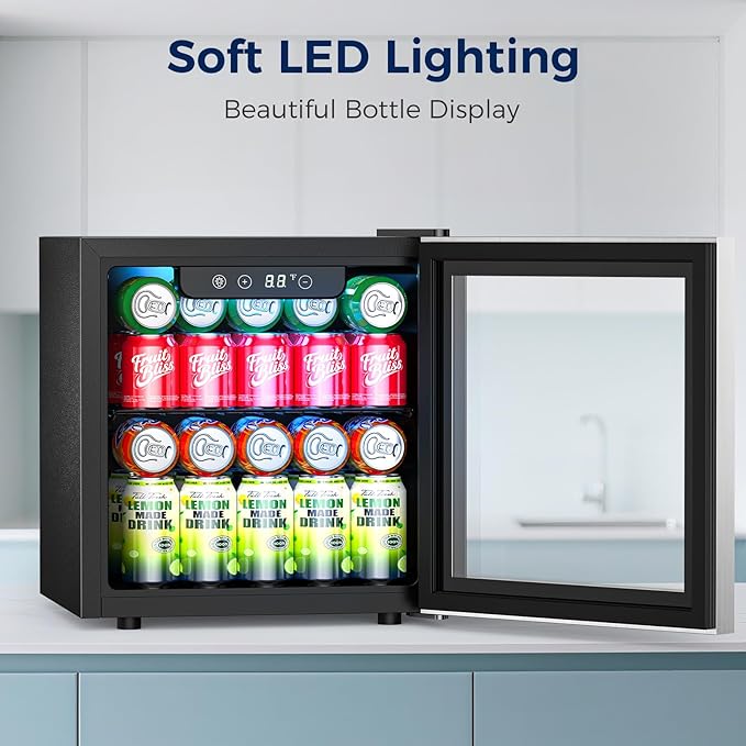 Beverage Refrigerator, 50 Cans Commercial Mini Fridge Cooler, 1.3 Cu.ft with Glass Door, Adjustable Shelves, Digital Temperature Freestanding Small Drink Fridge Soda Beer or Wine for Home Dorm Bar