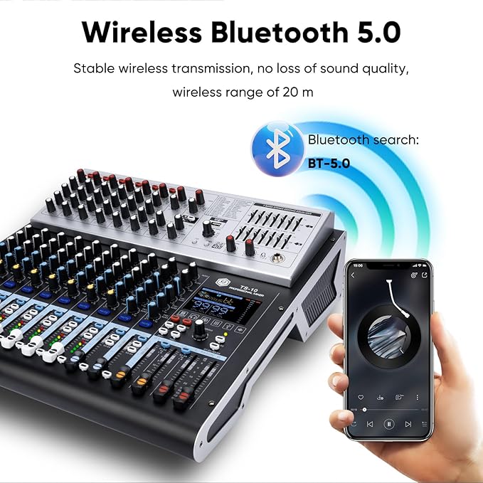 W IN-MIX 10 Channel Professional Multi-Functional Mixer,99DSP Digital Effects, MP3 Player, 48V Phantom Power with Independent Mute Switches Audio Console For Studio & Stage