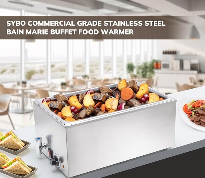 SYBO Commercial Grade Stainless Steel Bain Marie Buffet Food Warmer Steam Table for Catering and Restaurants (1 Section with Tap)