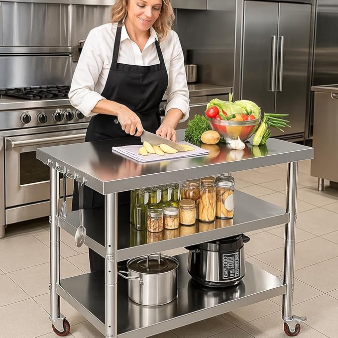Stainless Steel Table with Wheels for Food Preparation and Work, Multi-Size Optional, Three-Layer Variable Two-Layer Metal Commercial Workbench Outdoor, Restaurant, Kitchen (40" Lx24 Wx34 H)