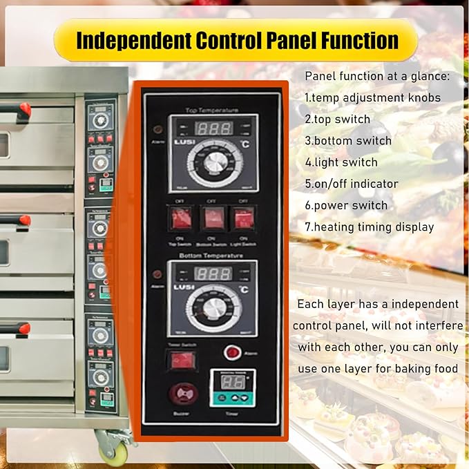Commercial Pizza Oven Electric Heating Triple Pizza Oven Electric Pizzeria Baking Equippment with Three Layer and Six-Plates Capacity, AC220V Triphase