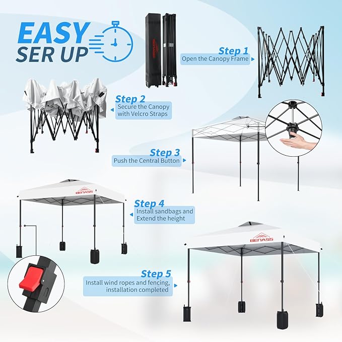 10x10 Pop Up Canopy, Easy Up Canopy Tent, Heavy Duty Tents for Parties, One Person Set Up Event Tent, White