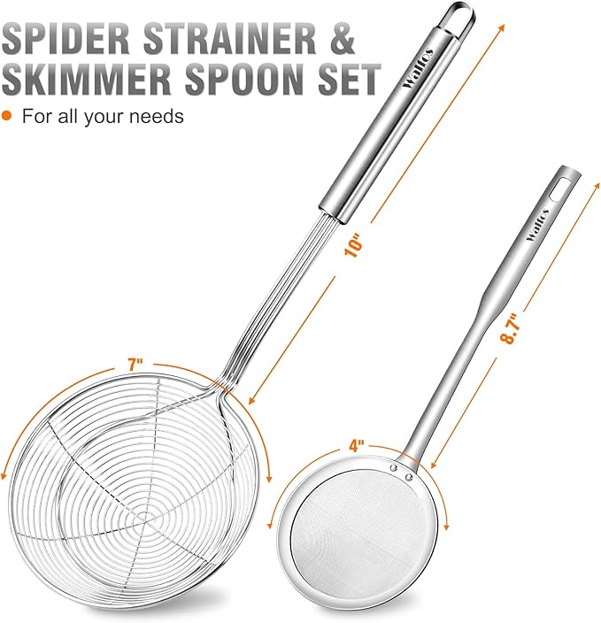 Walfos 7 inch Extra Large Spider Strainer - Stainless Steel Fryer Scoop & 4 in Skimmer Spoon, Set of 2 - Kitchen Spider Skimmer Strainer With Handle, For Cooking, Frying, Pasta, Egg, Foam