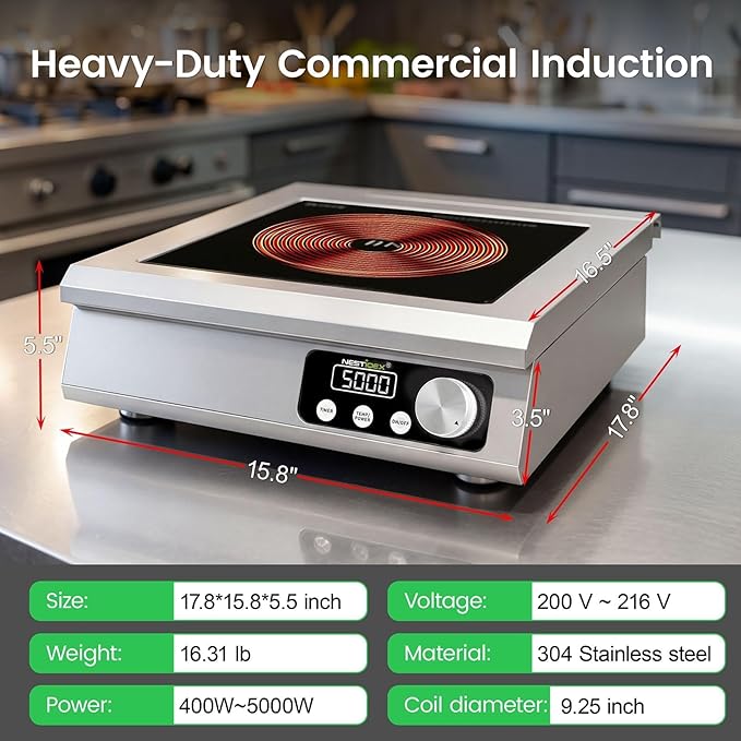 5000W Commercial Induction Cooktop, NESTIQEX 208V 3-Phase Large Induction Burner with 20 Power & Temp Levels, 9.25" Large Coil, 24h Timer, Pro Electric Countertop Burners for Restaurant