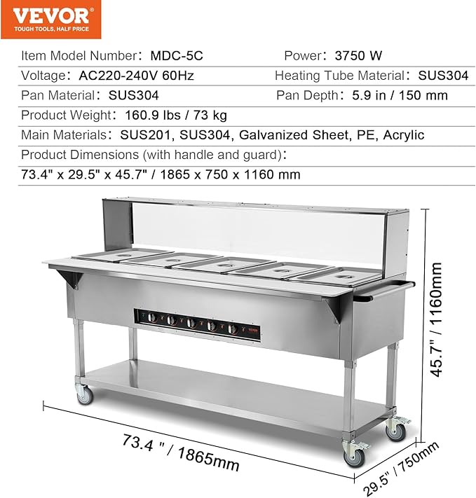 VEVOR 5-Pan Commercial Food Warmer, 5 x 20.6QT Electric Steam Table, 3750W Professional Buffet Catering Food Warmer with Acrylic Sneeze Guard, Food Grade Stainless Steel Server for Party Restaurant