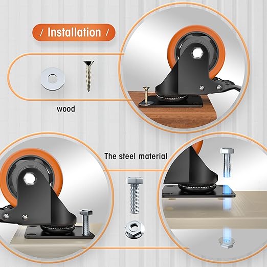 Casters, 3" Caster Wheels, Orange Polyurethane Castors, Top Plate Swivel Wheels, Casters Set of 4, Locking Casters for Furniture and Workbench, Heavy Duty Casters, 4 Pack Casters with Brake