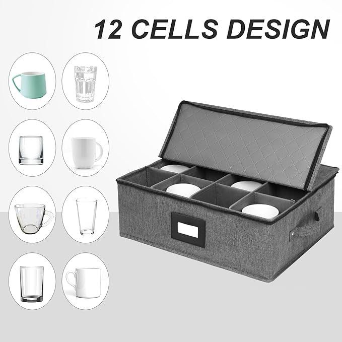 Mayniu Cup and Mug Storage Box 2Pack, China Storage Containers for 12 Tea Cups or Coffee Mugs with Zipper Lid and Rivet Reinforced Handles, Hard Shell and Stackable (Black)