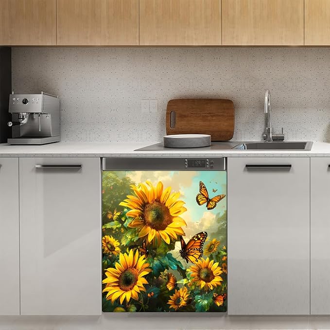 Sunflower Butterfly Dishwasher Magnet Cover Flower Animal Sunflower Dishwasher Decorative Cover Front Dishwasher Door Cover Reuseable Dishwasher Cover Panel Decal for Kitchen Home Appliances 23" X 26"