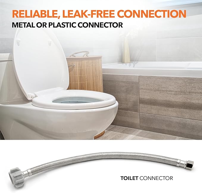 Stainless Steel Braided Water Connectors with Reinforced PVC Inner Hose for Toilets, 3/8" Compression x 7/8" Ballcock, 16" Length (5Pack)