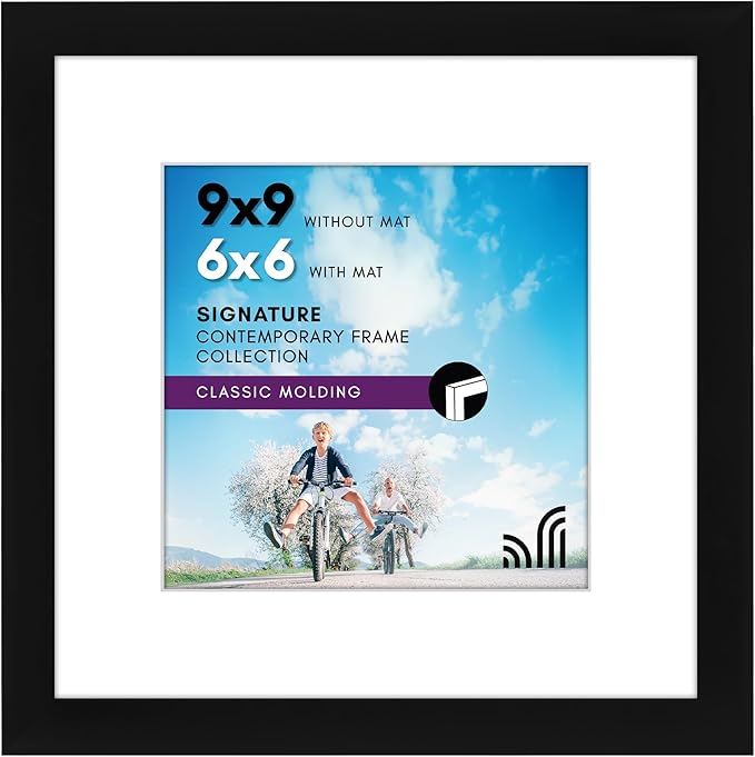 Americanflat 9x9 Picture Frame with Shatter-Resistant Glass - Use as 6x6 Frame with Mat or Display 9x9 Photo Without Mat - Signature Collection - Square Frames for Tabletop and Wall Display - Black