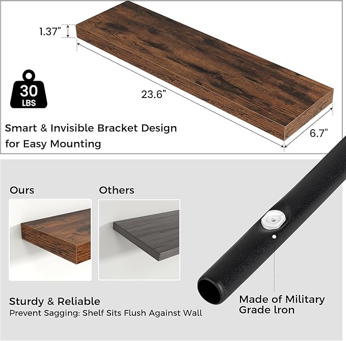 Floating Shelves for Wall 24"W x 6.7"D x 1.37"H, Engineered Wood Wall Shelves with Invisible Brackets for Living Room Bedroom Bathroom Office Kitchen Decor and Storage, Rustic Brown Finish, Set of 2