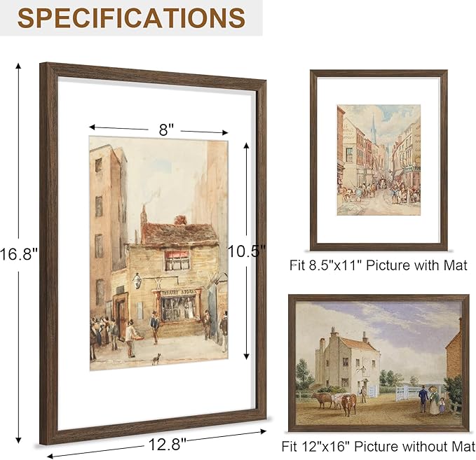 Vittanly 12x16 Picture Frame, Solid Wood Frame with Plexiglass, Includes 8.5x11 Mat, Wall Hanging for Home Decor, Brown, 1 Pack