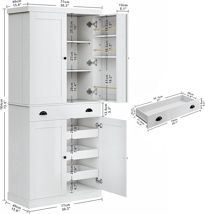 IRONCK Kitchen Pantry Cabinet 72" Height, Freestanding Cupboard with Drawer, Sliding Storage Rack, and 6 Hanging Shelves for Dining Room, Laundry, White