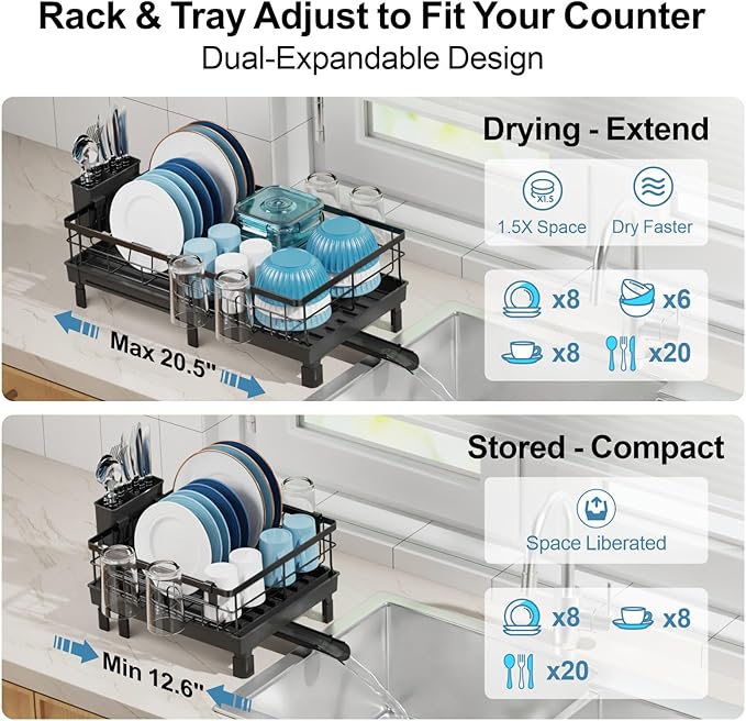 GSlife Expandable Dish Drying Rack for Kitchen Counter - Compact Rust-Resistant Dish Racks with and Cup Holder for Small Apartment, 12.2" W x 12"-19.5" L, Black