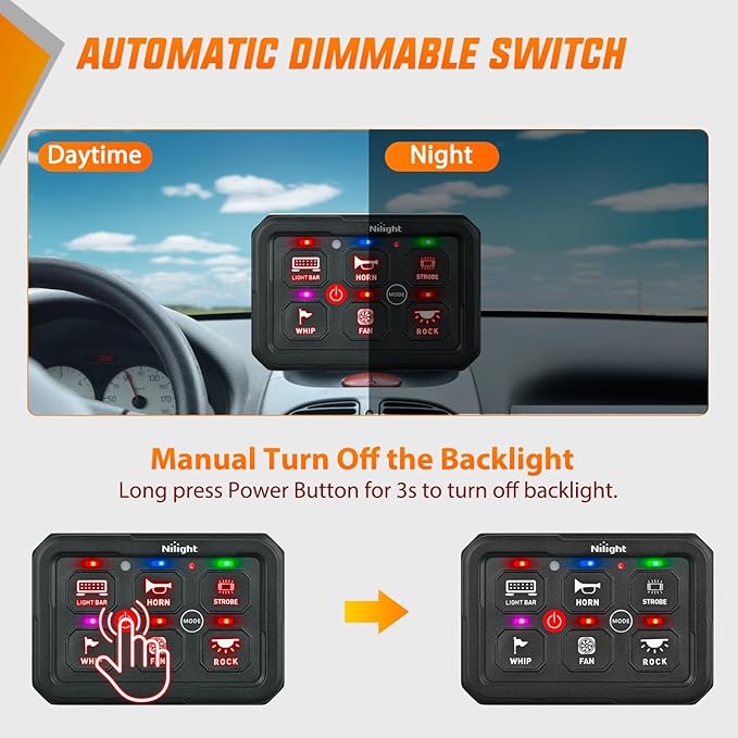 Nilight 6 Gang Switch Panel Red Circuit Control Relay System with Fuse Wiring Harness Toggle Momentary Strobe Flash Modes Automatic Dimmable ON Off Pod 12V 24V for Car Truck Camper SUV