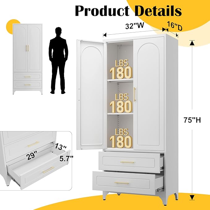 75" Kitchen Pantry Cabinet,Metal Storage Cabinets with 2 Drawers,Pantry Cabinet with Doors and Shelves,White Tall Storage Cupboard for Living Room, Dining Room Office