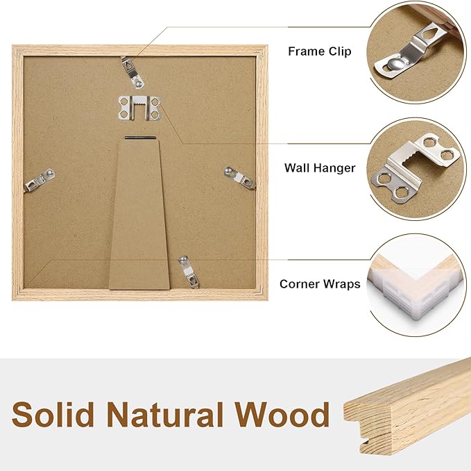 Vittanly 8x8 Picture Frame, Solid Wood Frame with Plexiglass, Includes 4x4 Mat, Wall Hanging or Tabletop for Home Decor, Natural, 1 Pack
