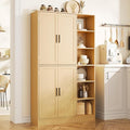 63" Tall Oak Kitchen Pantry, Freestanding Storage Cabinet with 4 Doors, Adjustable Shelves for Dining Room, Laundry Room