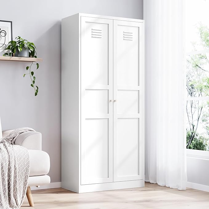 Yizosh Metal Storage Cabinet - 71" White Kitchen Pantry with 2 Doors and 5 Adjustable Shelves, 5-Tier Tall Steel Locker for Living Room, Dining Room