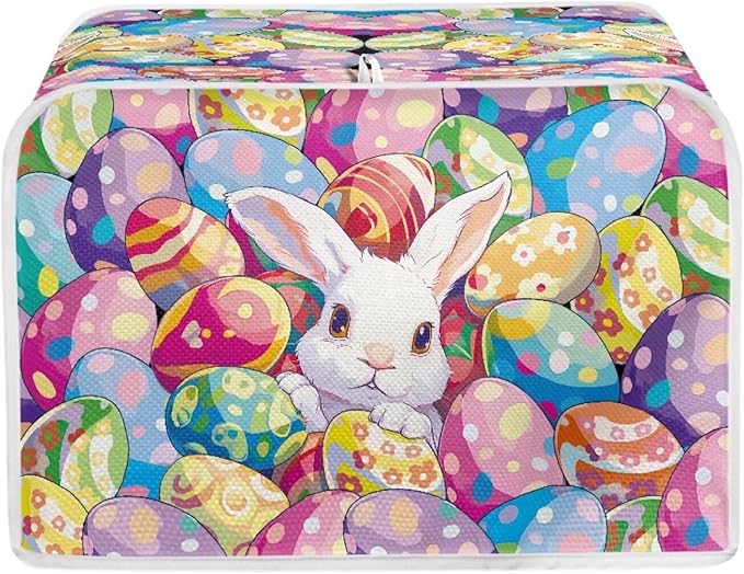 UNICEU Easter Colorful Eggs Cute Rabbit 4 Slice Quilted Toasters Cover, Dust-proof Toasters Cover Bread Maker Cover Kitchen Small Appliance Dust Cover