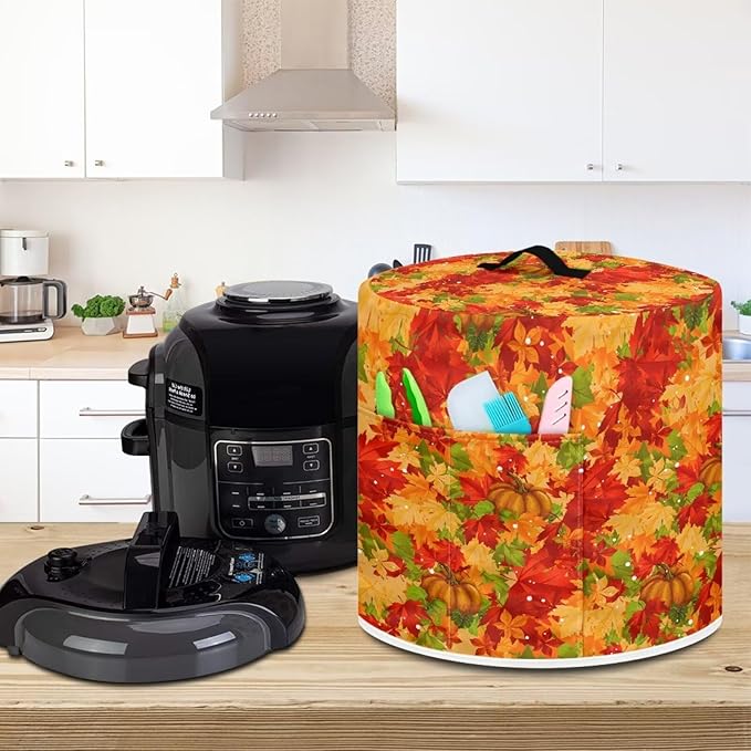 Insulated Pressure Cooker Appliance Dust Cover with Top Handle and Storage Pockets Kitchen Appliance Protector 3 Quart Rice Cooker, Thanksgiving Day Maple Leaf