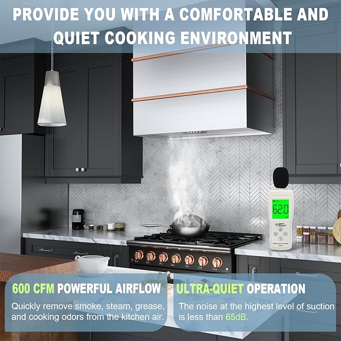 Akicon Range Hood 36 Inch, Stainless Steel Ducted Kitchen Hood with Powerful Motor, Wall Mount Modern Box, 36W X 30H X 14D Inch, AK-HS36HA-BSC (Brushed Stainless with Copper)