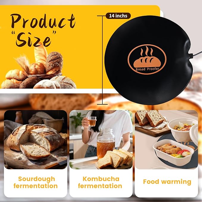 Sourdough Bread Heating Mad, 59°F - 140°F Adjustable Thermostat Bread Proofing Mat, Dough Riser Heating Mat Shortens Fermentation Time, for Bread making - 14" Round Sourdough Bread Warming Mad