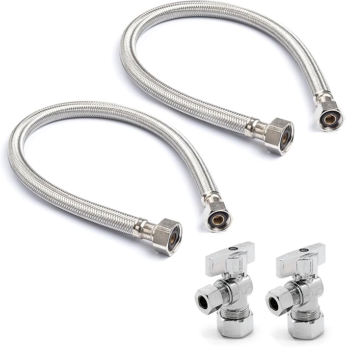 Faucet Connection Bundle Kit, Stainless Steel Faucet Water Hose, 3/8" Compression x 1/2" FIP, 20" Length (2) + Supply Stop Angle Valves, 5/8" Compression x 3/8" Compression (2)