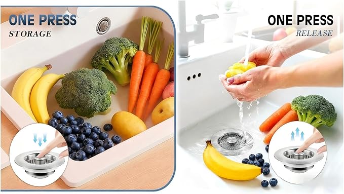 1Count 3-in-1 Kitchen Sink Drain Strainer & Stopper - SUS 304 Stainless Steel Pop Up Plug with Anti-Clog Basket & Odor Prevention, Fits US Standard 3-1/2'' Drain Hole