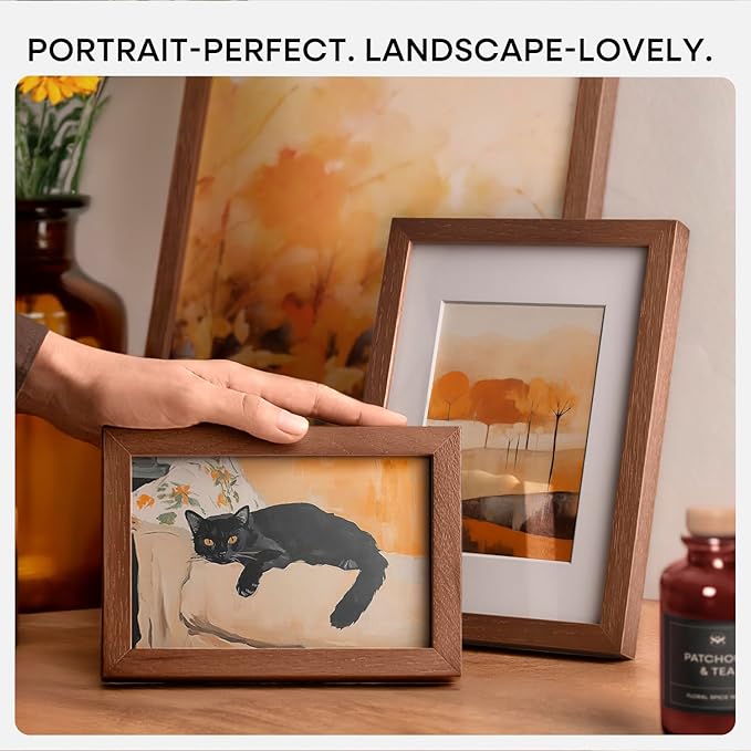 Homeforia 6x8 Picture Frame Brown Wood, High End Dark Oak 6x8 Walnut Wooden Frames with Mat 5x7 Photo, 6 x 8 Frame Matted to 5 x 7 Print, 8x6 Wall or Tabletop Frame, Tempered Glass, Wall Kit, Set of 1