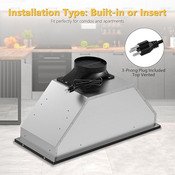 Range Hood Insert 30 Inch, KMB02-30 900 CFM Built-in Range Hood, Stainless Steel Kitchen Vent Hood with 4-Speed,Ducted/Ductless Hood Range with Bright LED Lights, Smart Control Panel, Black