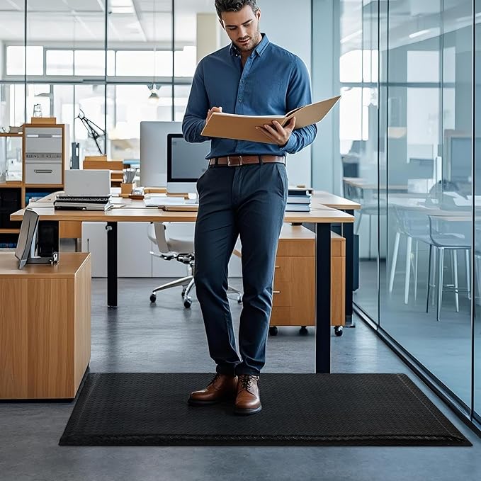 3 x 5 FT Anti Fatigue Mats Industrial 15/16 Inch Thick Soft Sponge Ergonomic Mat Durable Heavy Duty Diamond Plate for Standing Non Slip Industrial Grade Floor Mat for Leg & Back Pain (Black)