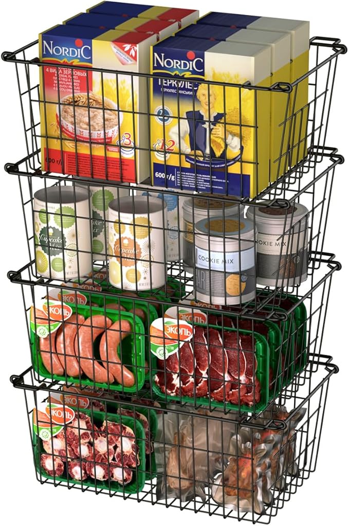 SANNO Freezer Basket Stackable Wire Baskets For Pantry Storage and Organization Pantry Storage Bins With Handles Sturdy Metal Food Baskets Pantry Organized,set of 8,Black