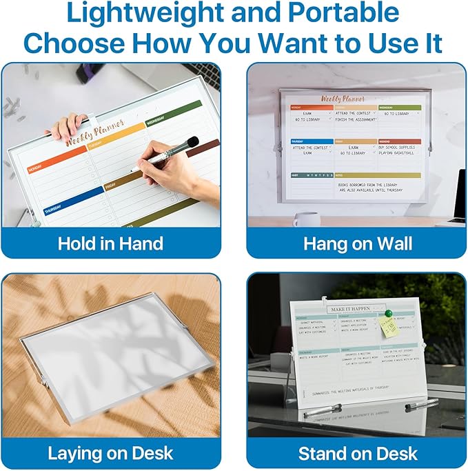 Dry Erase White Board with Stand,Double-Sided Weekly Whiteboard 16"x12", 10 Markers, 6 Magnets, 1 Eraser, Portable Desktop Whiteboard for Planning,Weekly Schedule Board for School for Home