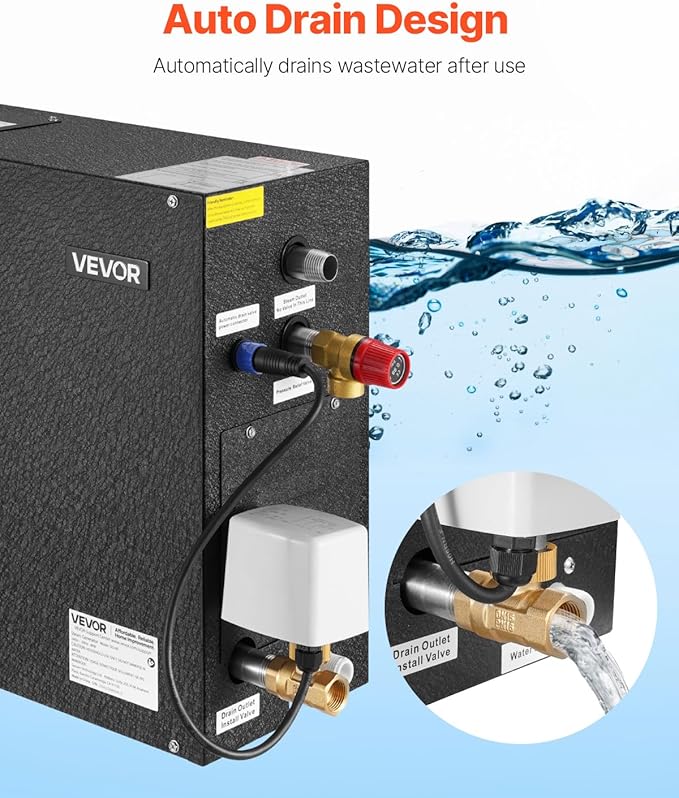 VEVOR Steam Generator, 4 kW Steam Shower System with Controller for Home Sauna Bath Spa, Commercial Auto Drain Kit with Overheat, Dry-Run & Overpressure Protection, 10 Min to 24h Efficient, Black