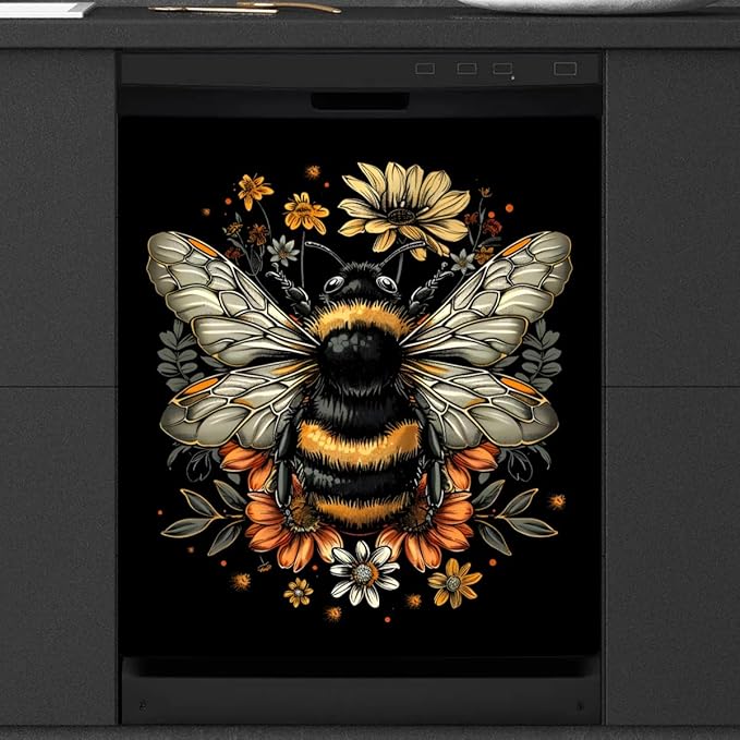 cfpolar Dishwasher Magnet Cover for The Front Dishwasher Door Cover Panel Decals Vintage Bee Flower Magnetic Refrigerator Cover for Kitchen Farmhouse Home Decor（23 X 26 in）