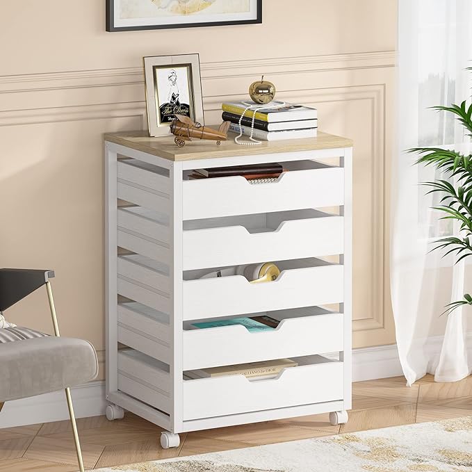 Tribesigns 5 Drawer Chest, Wood Storage Dresser Cabinet with Wheels, Industrial Storage Drawer Organizer Cart for Office Bedroom Entryway (White, 1 PC)