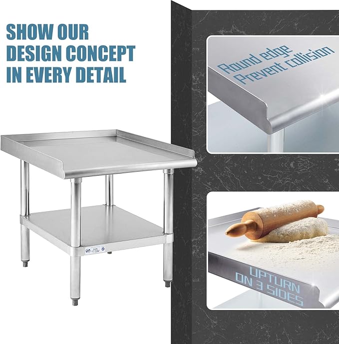 Hally Stainless Steel Equipment Stand 28x24 Inches with Undershelf, NSF Commercial Prep & Work Table with Rear and Side Risers, Heavy Duty Grill for Kitchen, Bar, Restaurant, Home and Hotel