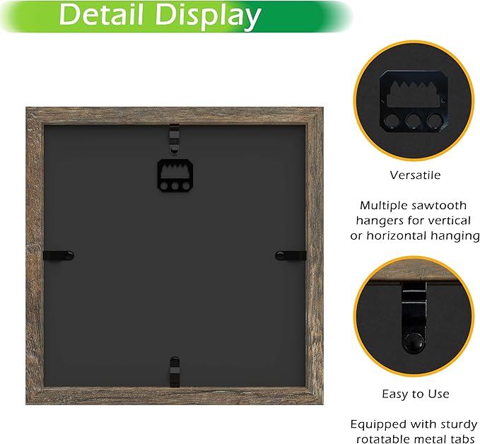FrameWorks 8x8 Driftwood Wooden Shadow Box Frame – Soft Felt Back, Tempered Glass, and Included Elegant White Ball Push Pins